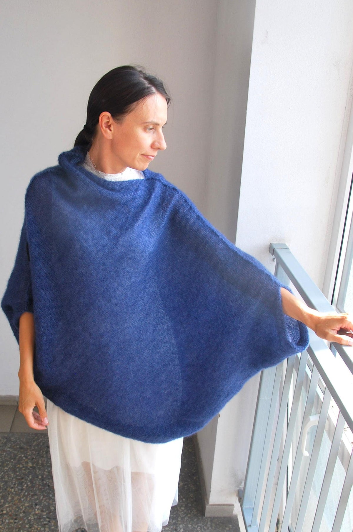 Navy Blue Mohair Silk Poncho: Bridal Cocoon Pullover