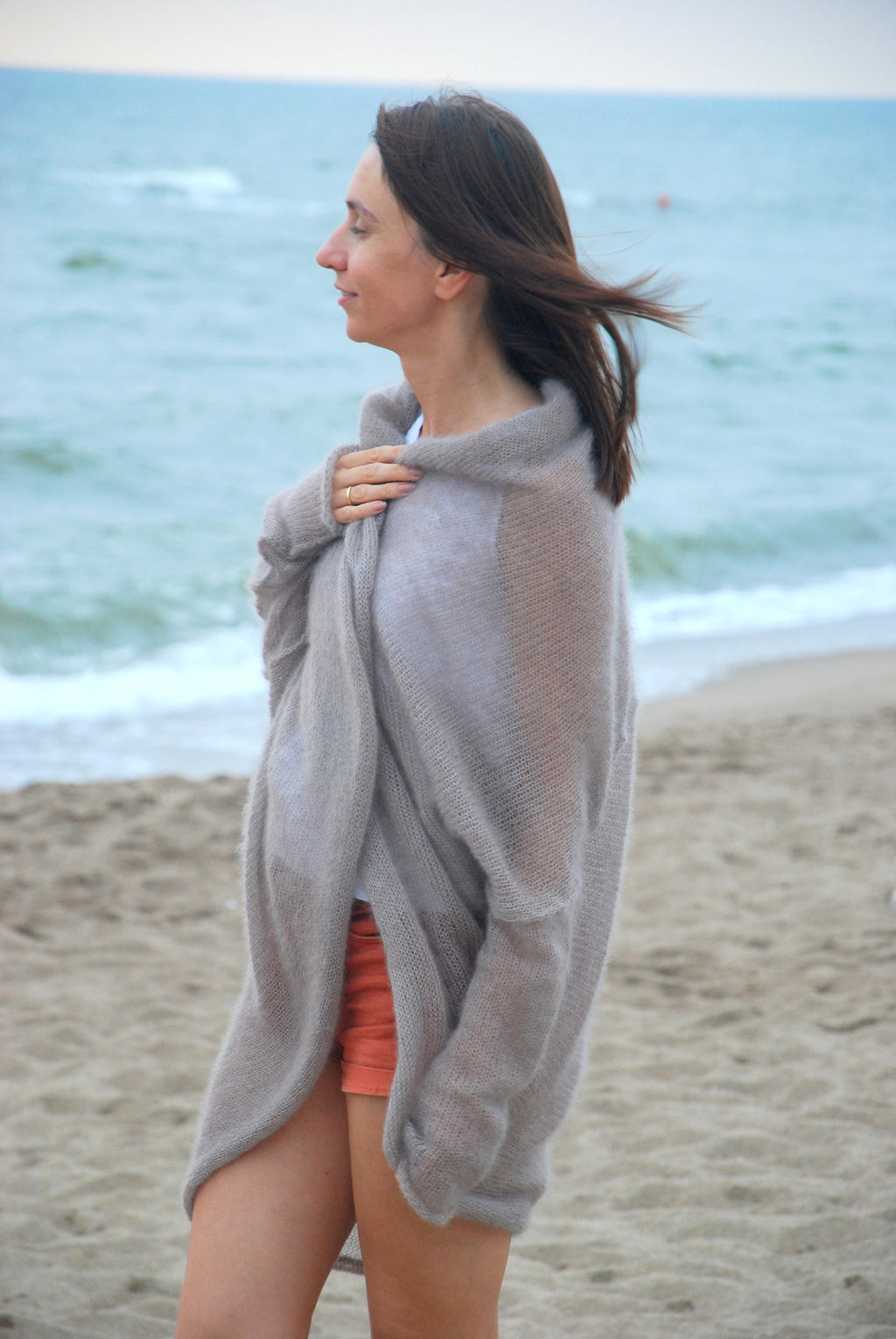 Mohair Silk Knit Cardigan: Beige Oversize Beach Wrap