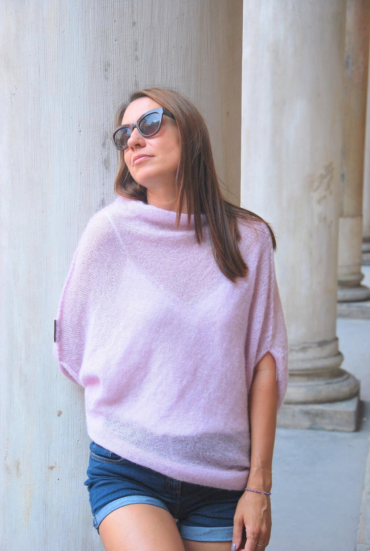 Hand Knit Mohair Silk Sweater: Light Pink Oversized Pullover