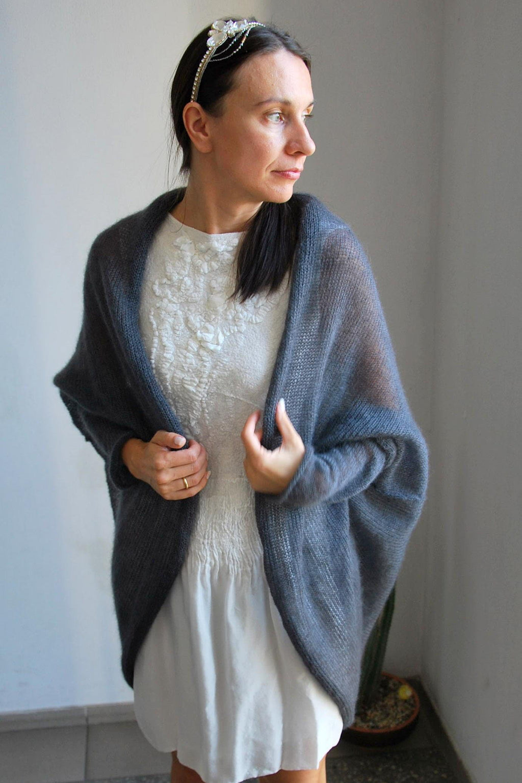 Ash Gray Mohair Silk Cardigan: Soft Bridal Sweater