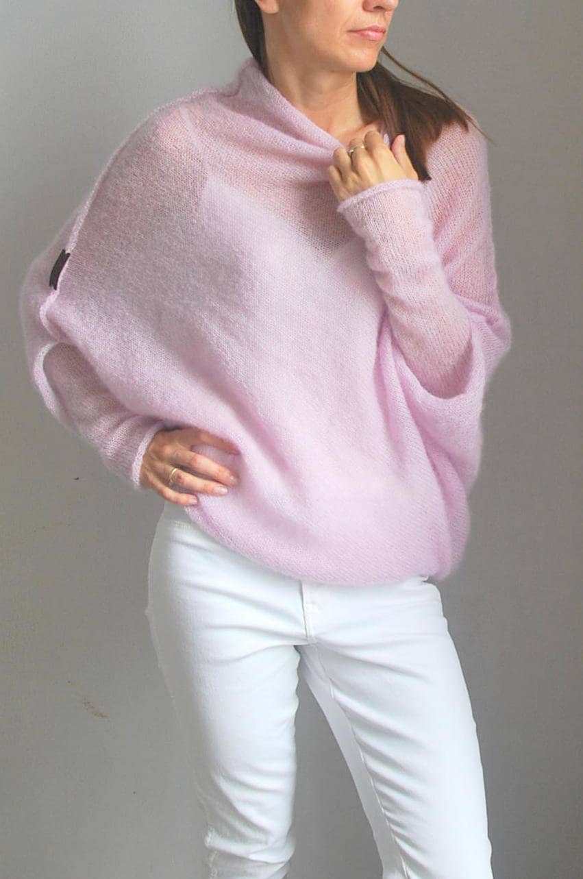 Handmade Mohair Silk Poncho Sweater - Light Pink Knit Cardigan
