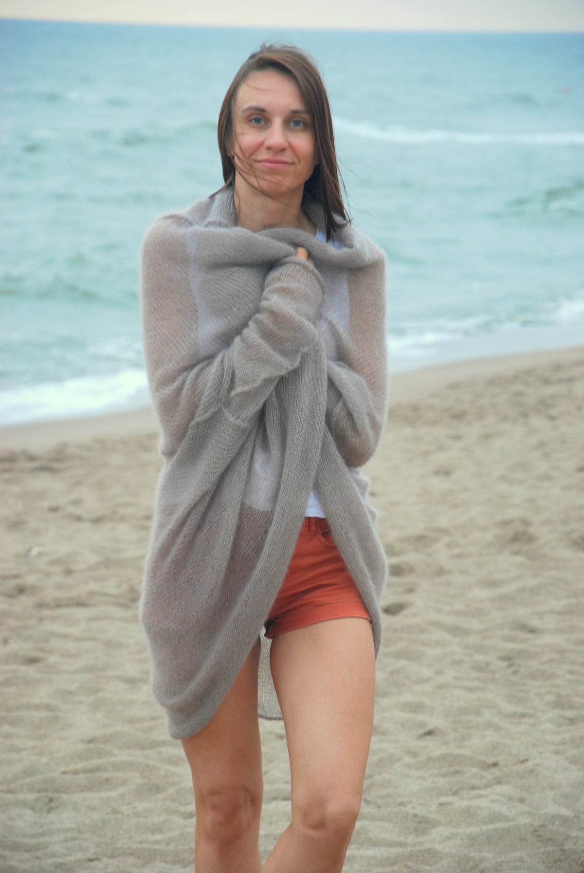 Mohair Silk Knit Cardigan: Beige Oversize Beach Wrap