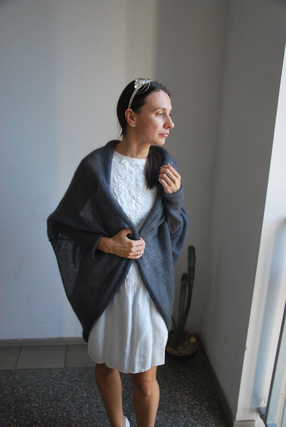 Ash Gray Mohair Silk Cardigan: Soft Bridal Sweater