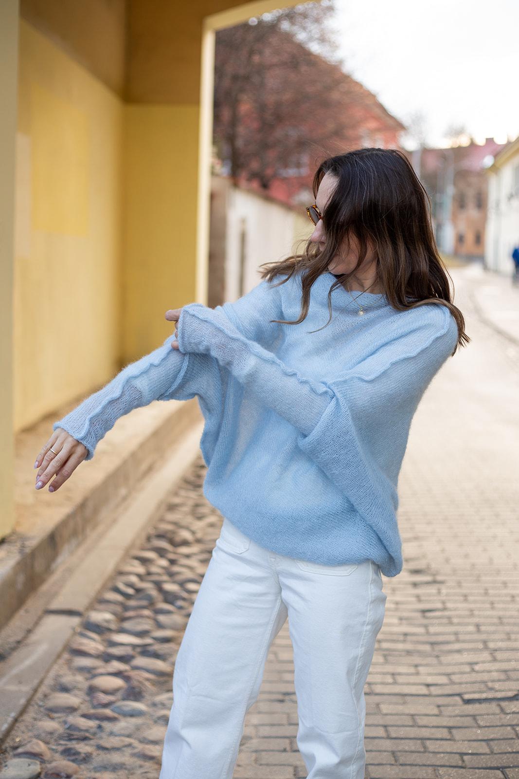 Light Blue Mohair Silk Sweater, Soft Knit Pullover Women, Bridal Mohair Sweater, Lightweight Blue Poncho, Elegant Wedding Wrap