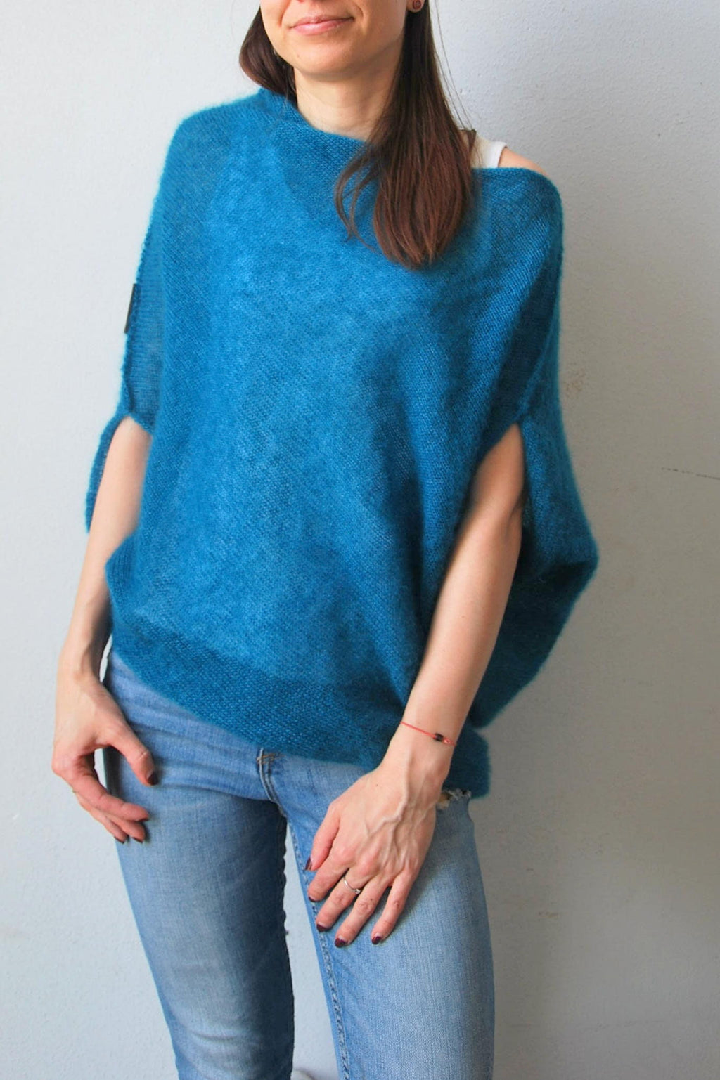 Hand Knit Mohair Cardigan: Silk Blend Green Sweater Cape