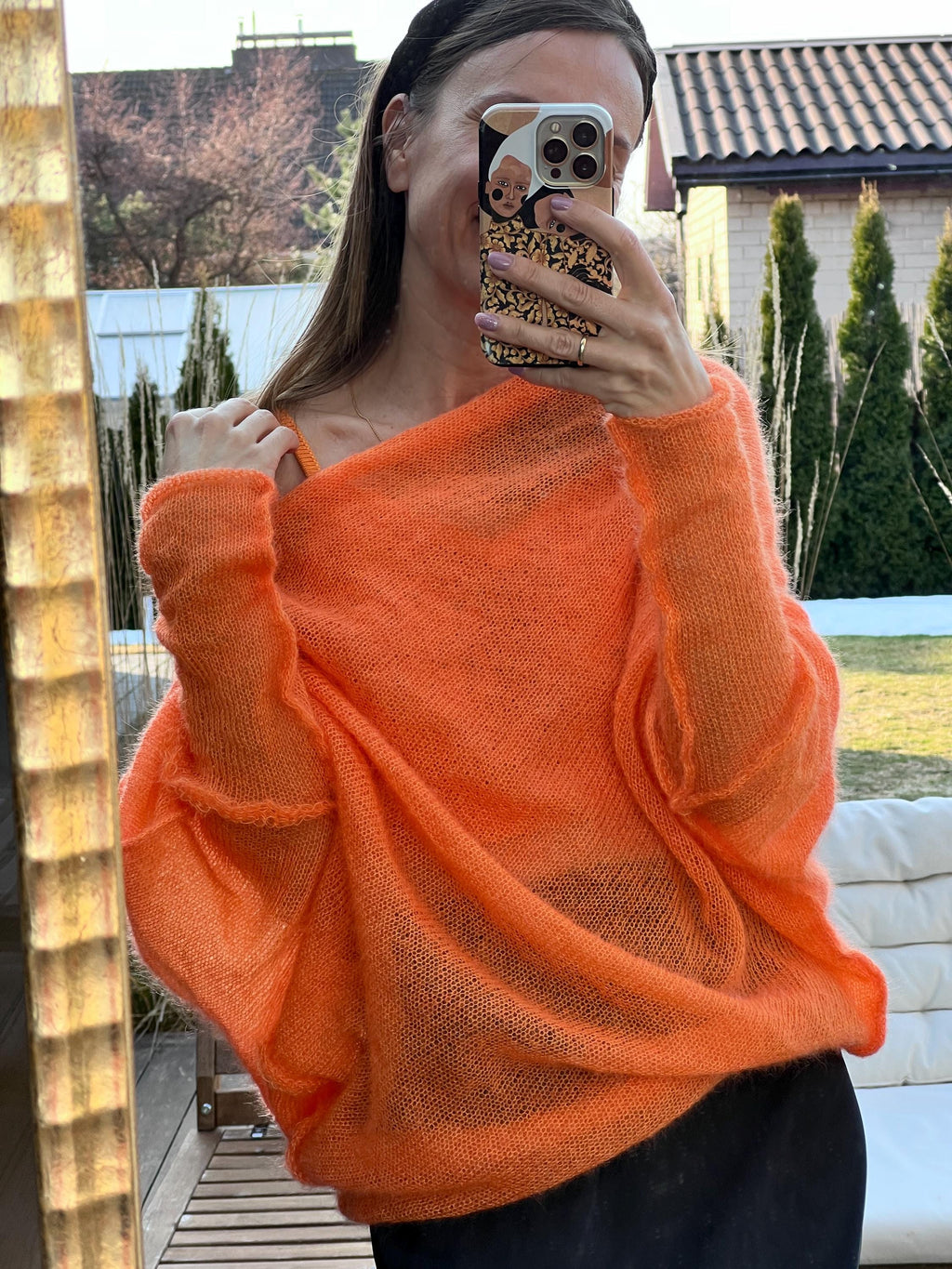 Orange Mohair Silk Sweater | Handmade Poncho Style Knit | Light and Warm