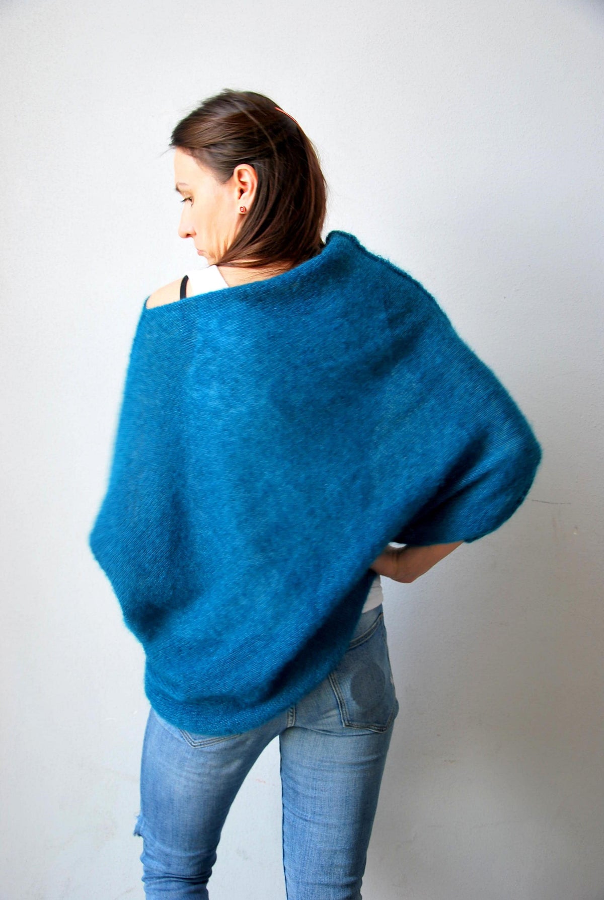 Hand Knit Mohair Cardigan: Silk Blend Green Sweater Cape