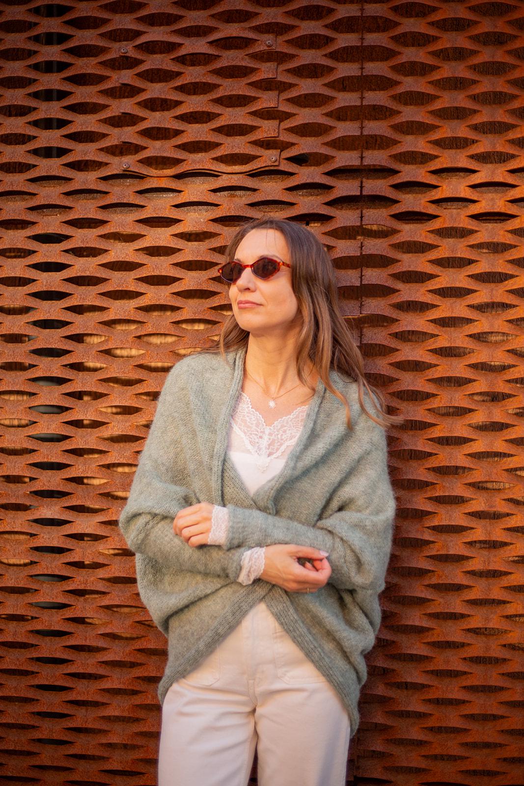 Sage green boho alpaca silk wrap cardigan, soft handmade knit sweater, cozy lightweight minimalist style