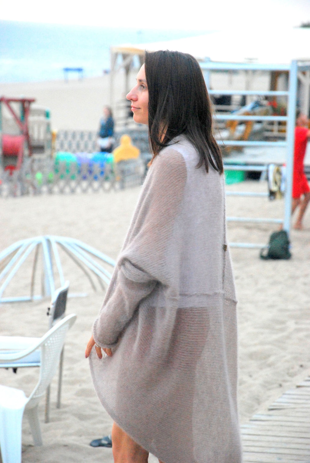 Mohair Silk Knit Cardigan: Beige Oversize Beach Wrap