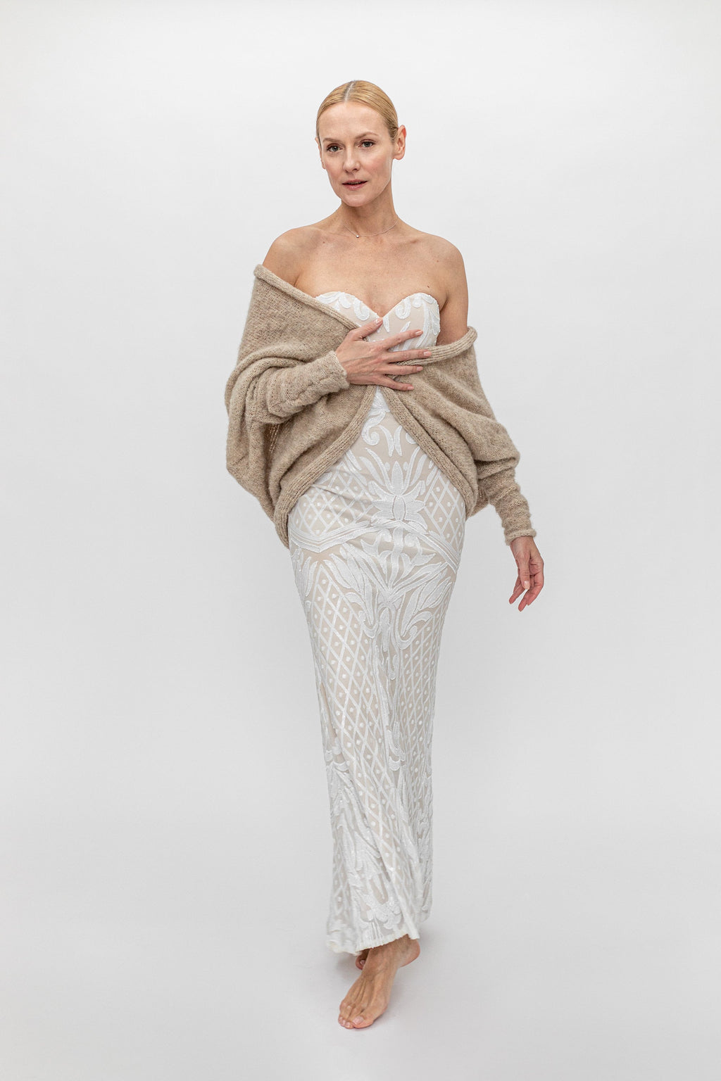 Beige Alpaca Silk Bridal Cardigan: Soft Knit Wedding Shrug