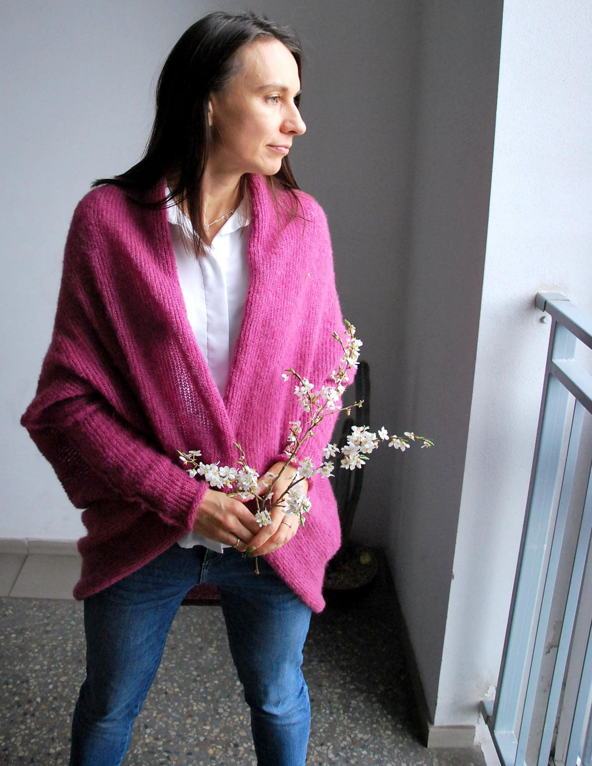 Handmade Alpaca Silk Cardigan: Oversize Heather Knit Sweater