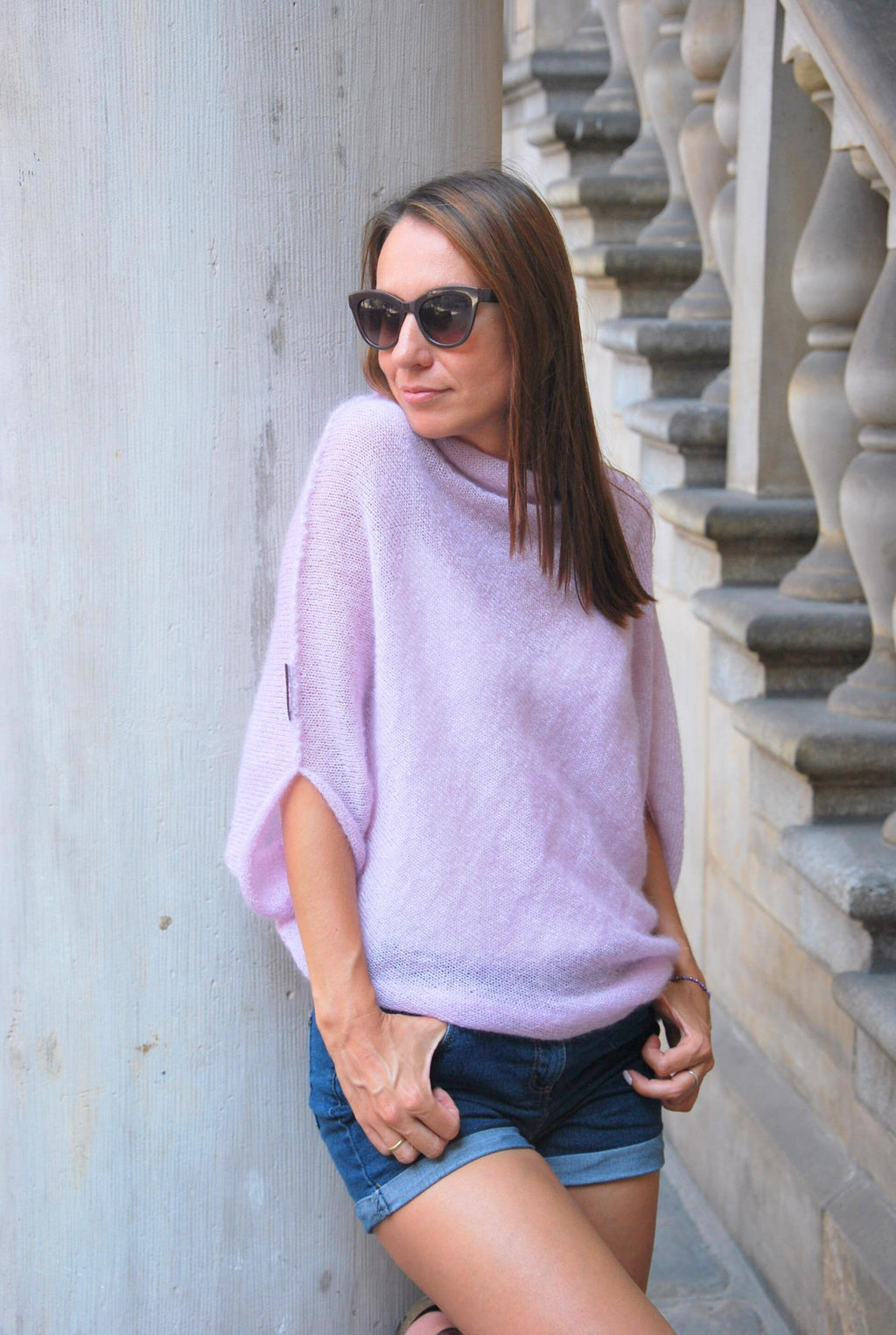 Hand Knit Mohair Silk Sweater: Light Pink Oversized Pullover
