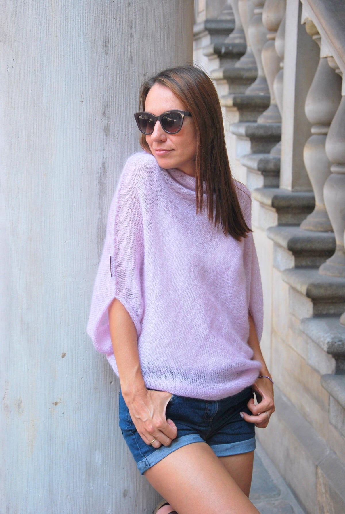 Hand Knit Mohair Silk Sweater: Light Pink Oversized Pullover