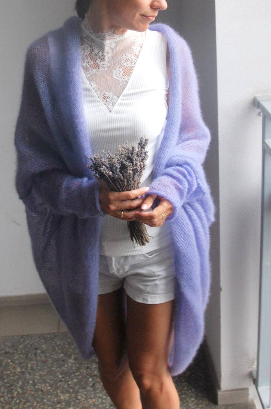 Hand Knit Mohair Cardigan: Bridal Wedding Sweater, Lavender Silk Blend