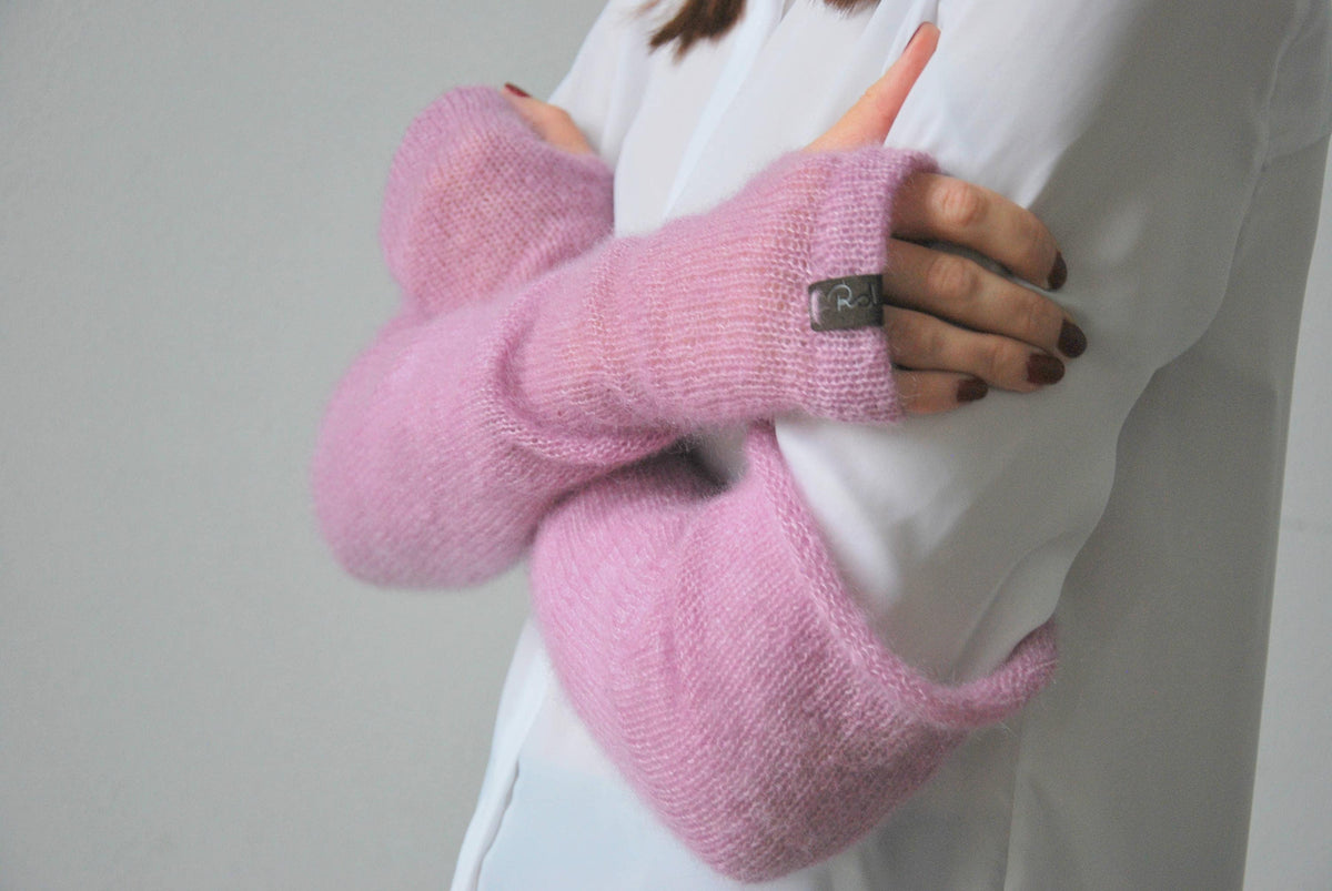Handmade Mohair Silk Fingerless Gloves: Old Pink Knit Arm Warmers
