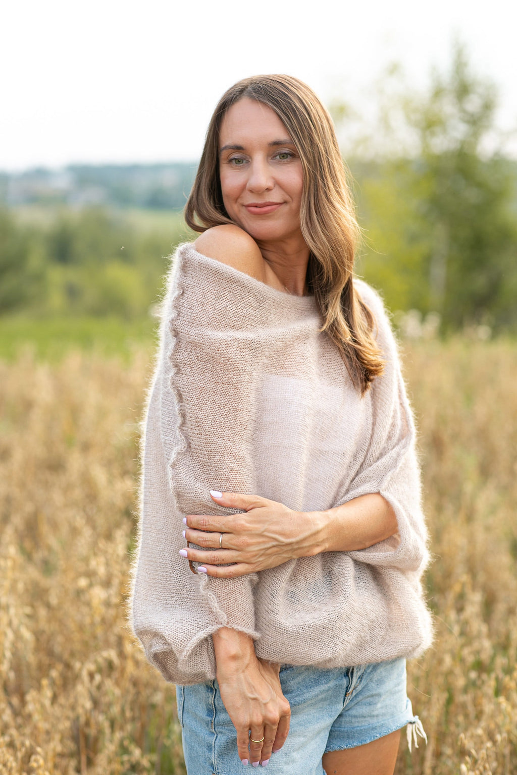 Light beige mohair silk sweater, mohair silk pullover, soft bridal sweater, knitted pullover, mohair poncho, mohair silk poncho