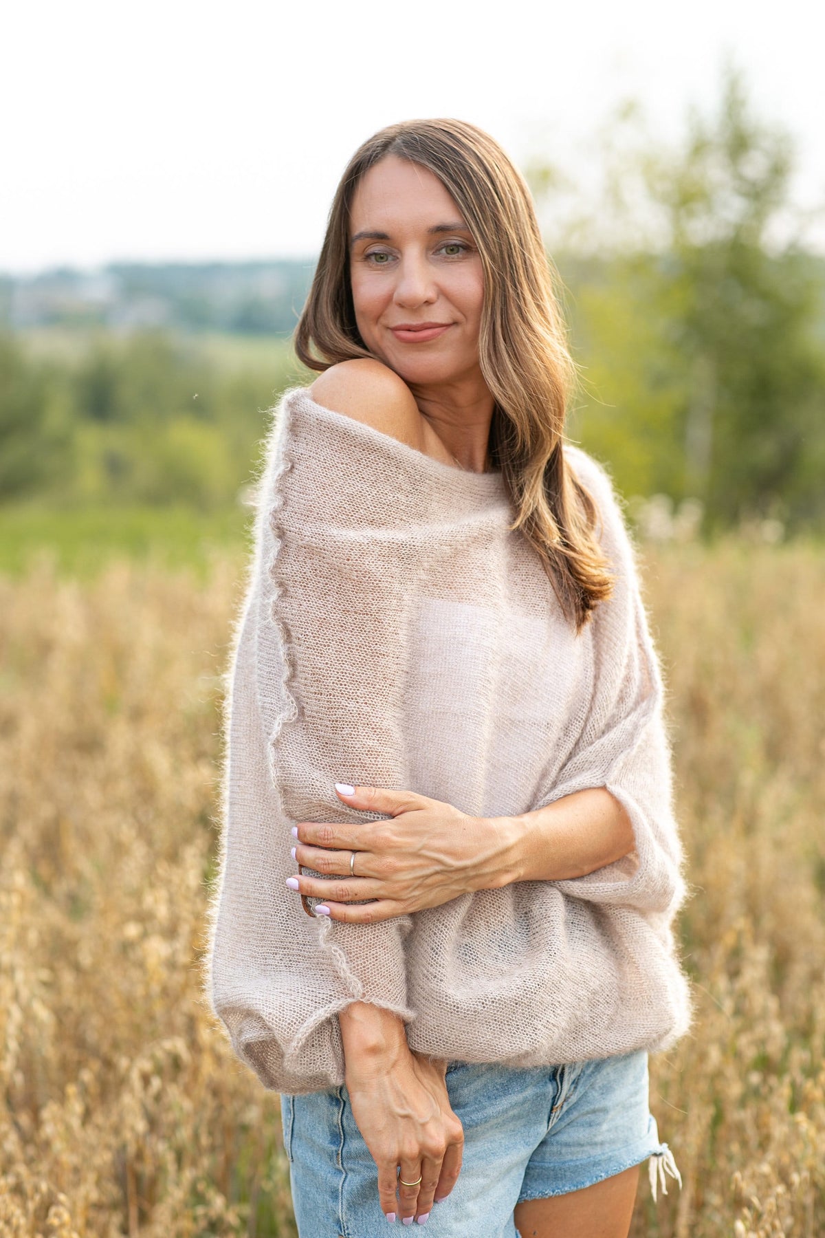 Light beige mohair silk sweater, mohair silk pullover, soft bridal sweater, knitted pullover, mohair poncho, mohair silk poncho