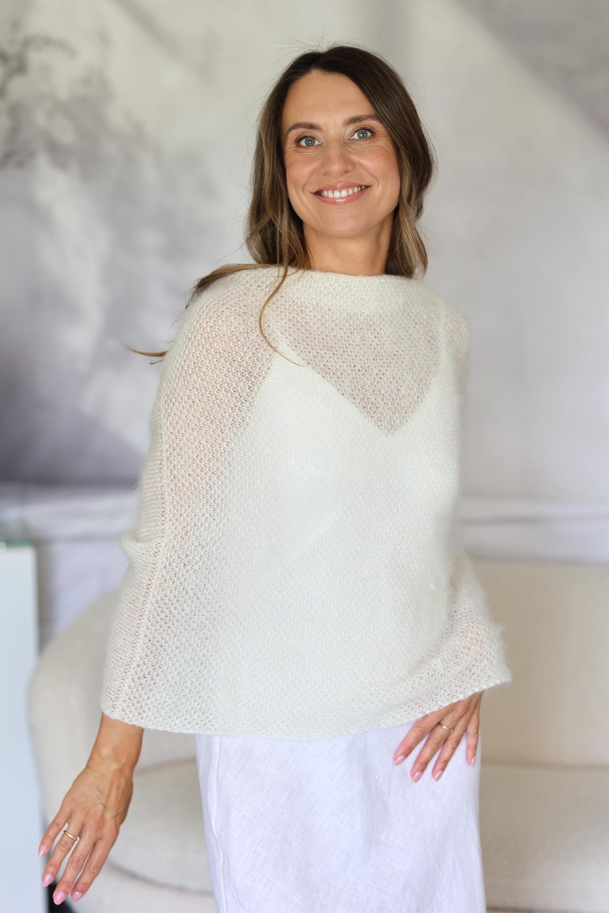 Twisted scarf knitted from mohair and silk with honeycomb pattern