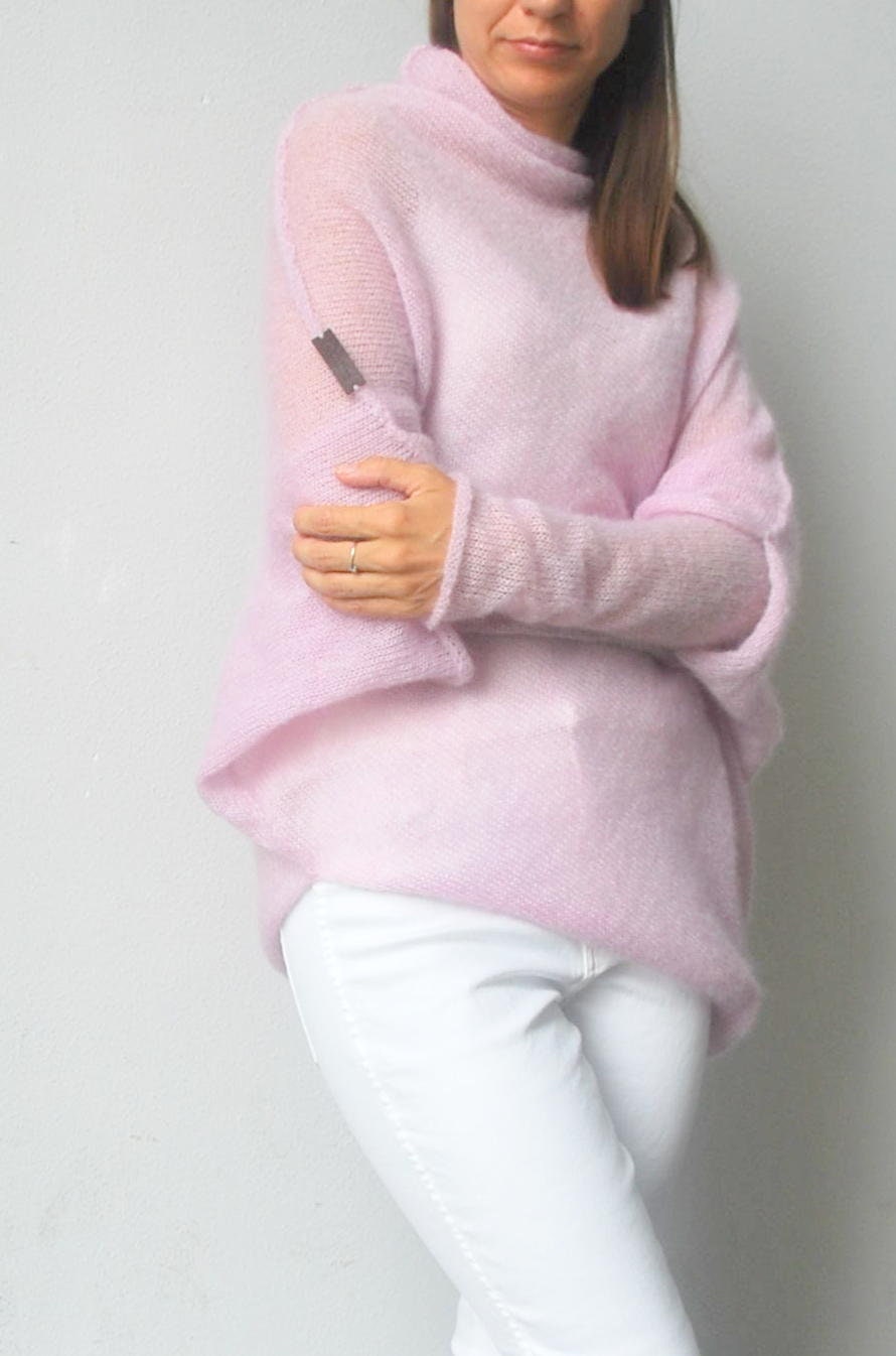 Handmade Mohair Silk Poncho Sweater - Light Pink Knit Cardigan