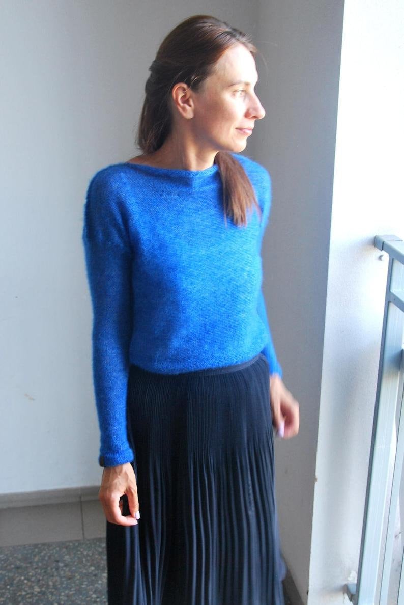 Cobalt Blue Mohair Silk Pullover: Handmade Bridal Sweater