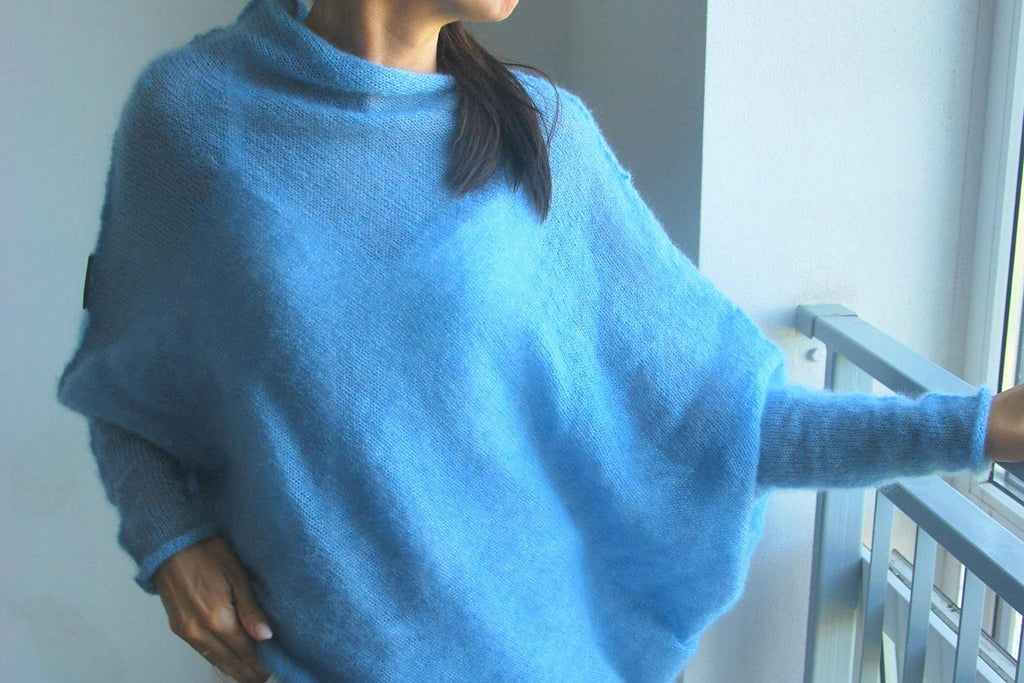 Light Blue Mohair Silk Cardigan: Soft Knit Poncho Sweater