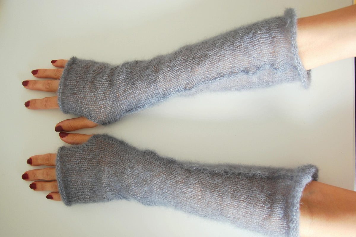 Mohair Silk Fingerless Gloves: Grey Hand-Stitched Thumbholes