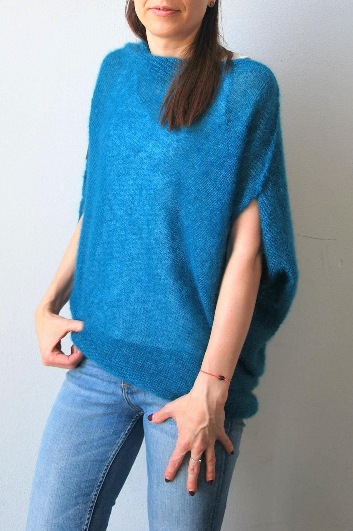 Hand Knit Mohair Cardigan: Silk Blend Green Sweater Cape