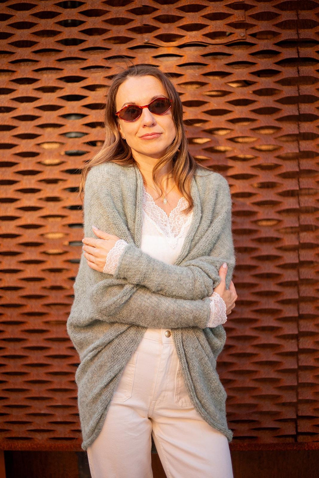 Sage green boho alpaca silk wrap cardigan, soft handmade knit sweater, cozy lightweight minimalist style
