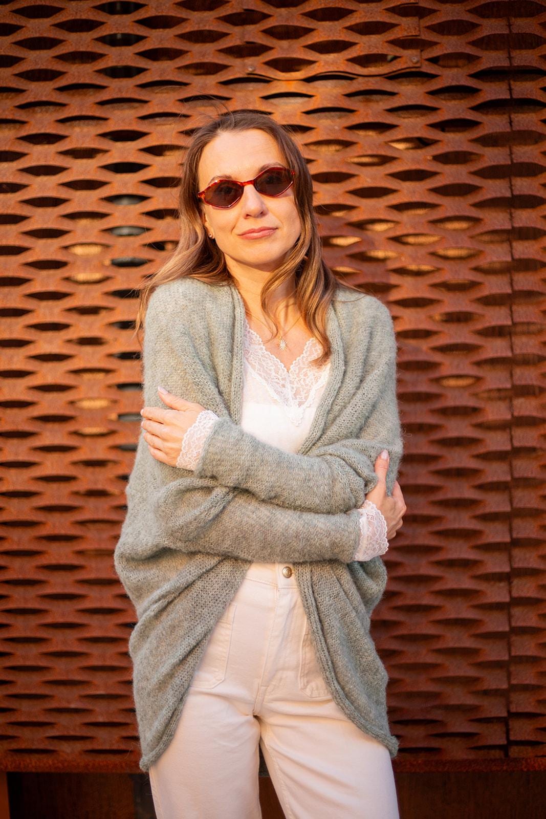 Sage green boho alpaca silk wrap cardigan, soft handmade knit sweater, cozy lightweight minimalist style