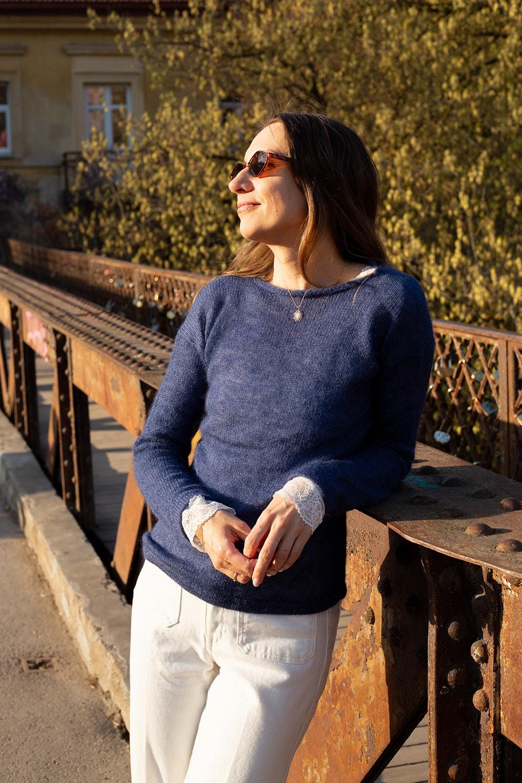 Handmade Mohair Silk Sweater for Women, Soft Blue Knit Pullover, Lightweight Luxury Mohair Jumper