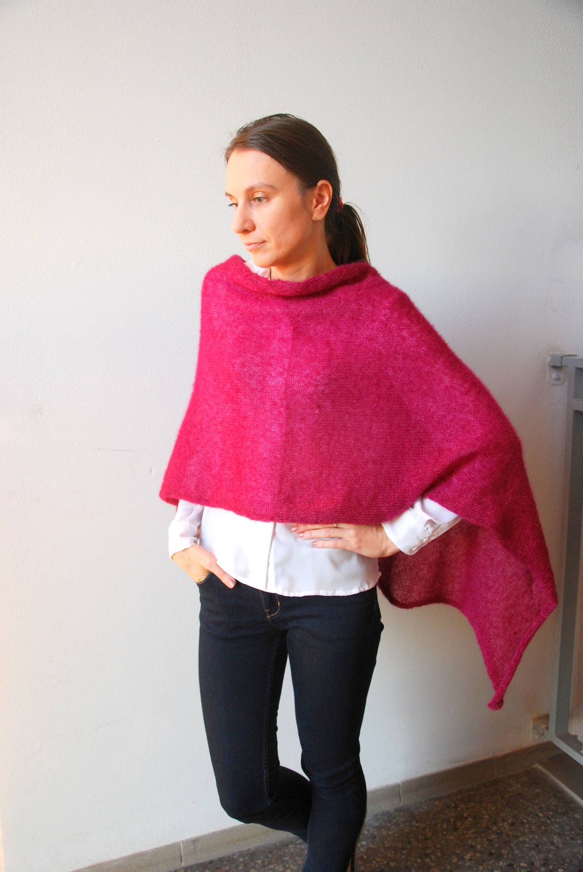 Dark Rose Mohair Wedding Shawl: Knit Bridal Cape