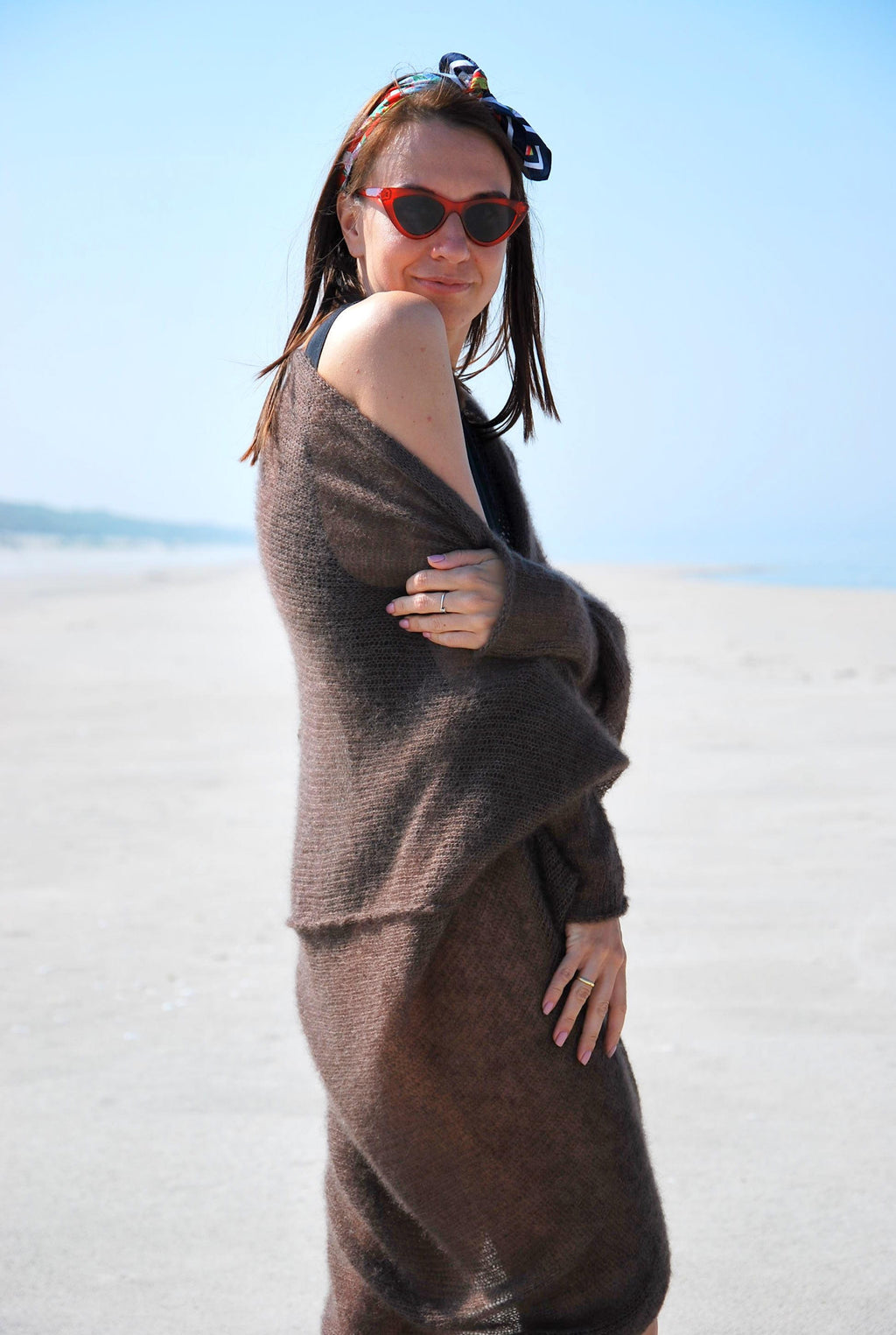 Hand Knit Mohair Cardigan: Brown Lightweight Beach Wrap