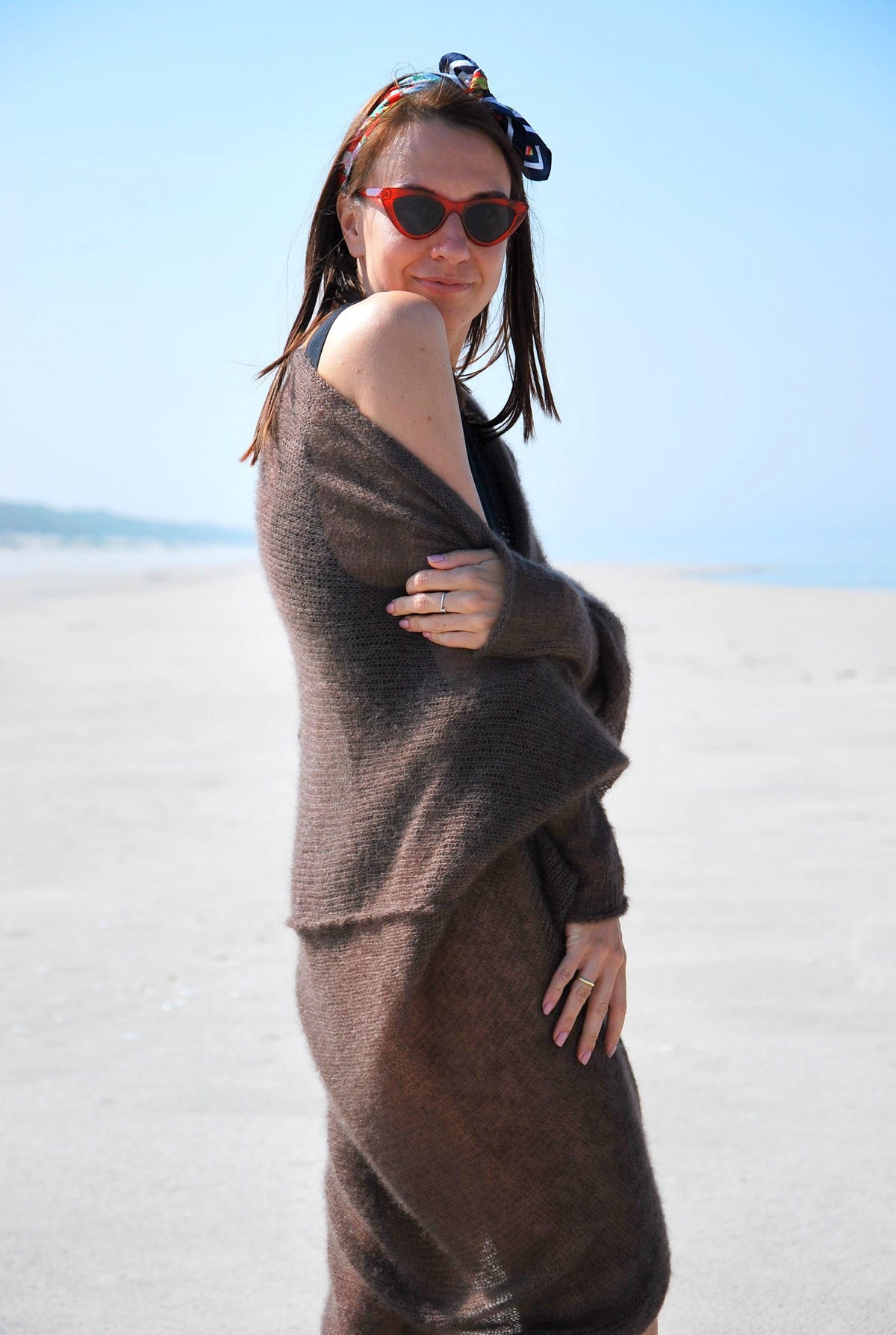Hand Knit Mohair Cardigan: Brown Lightweight Beach Wrap
