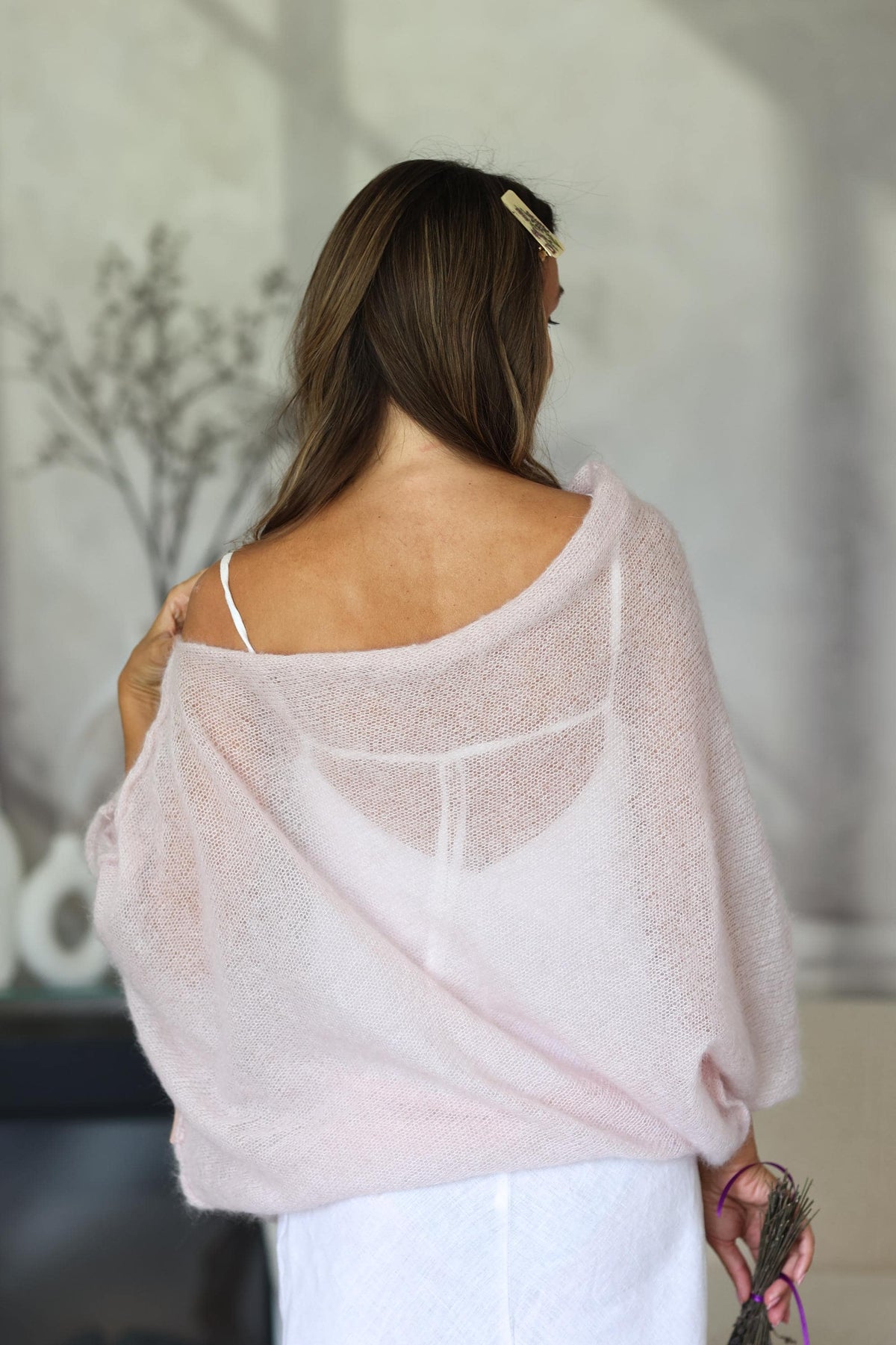 Pink mohair silk sweater, bridal soft pullover, pink mohair poncho