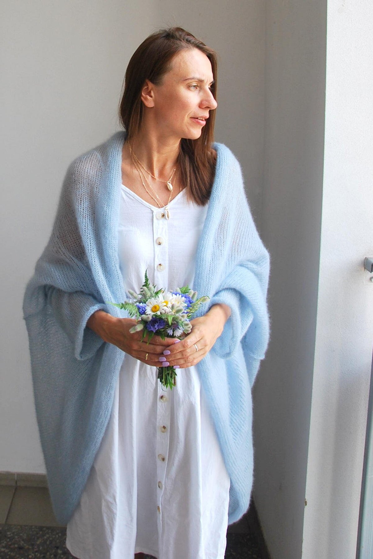 Blue Mist Mohair Silk Cardigan: Oversize Bridal Wedding Wrap