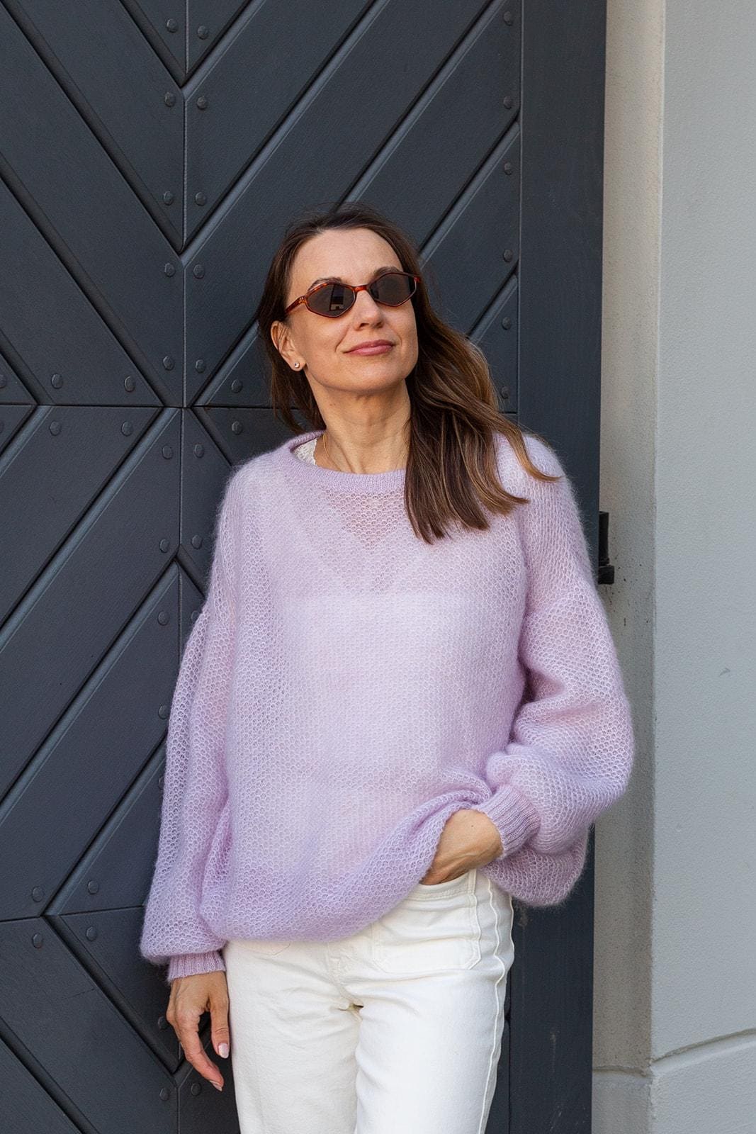 Light lavender mohair silk sweater, oversized knit pullover, honeycomb texture, soft airy jumper