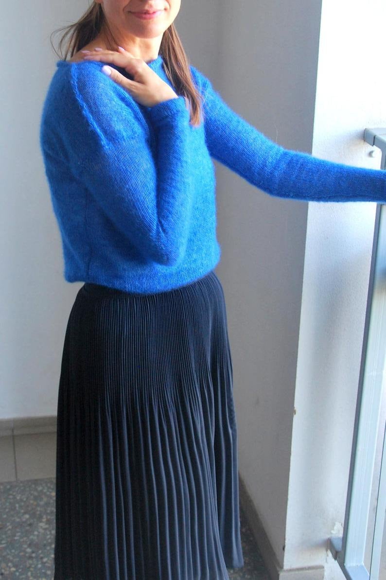 Cobalt Blue Mohair Silk Pullover: Handmade Bridal Sweater