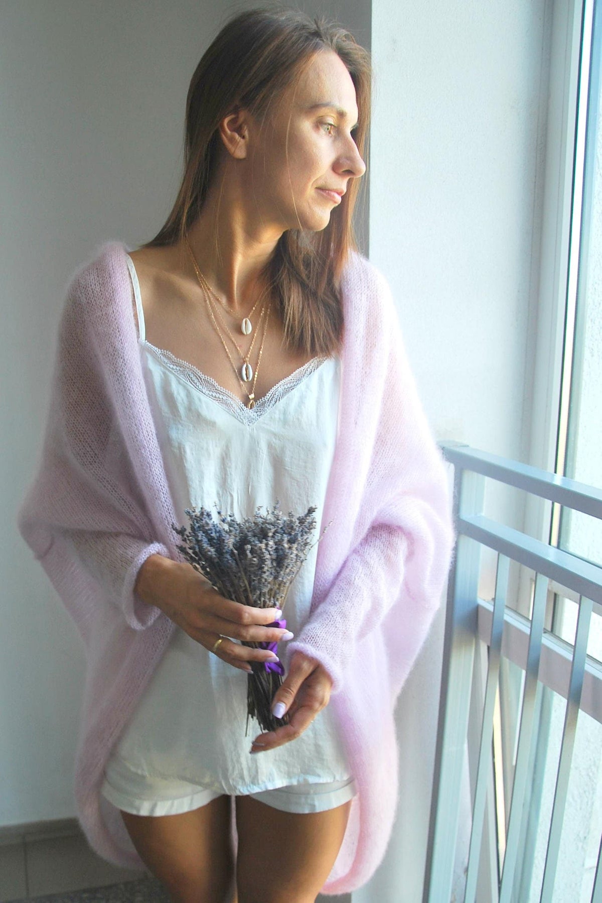 Hand Knit Mohair Silk Cardigan: Light Pink Oversize Bridal Jacket