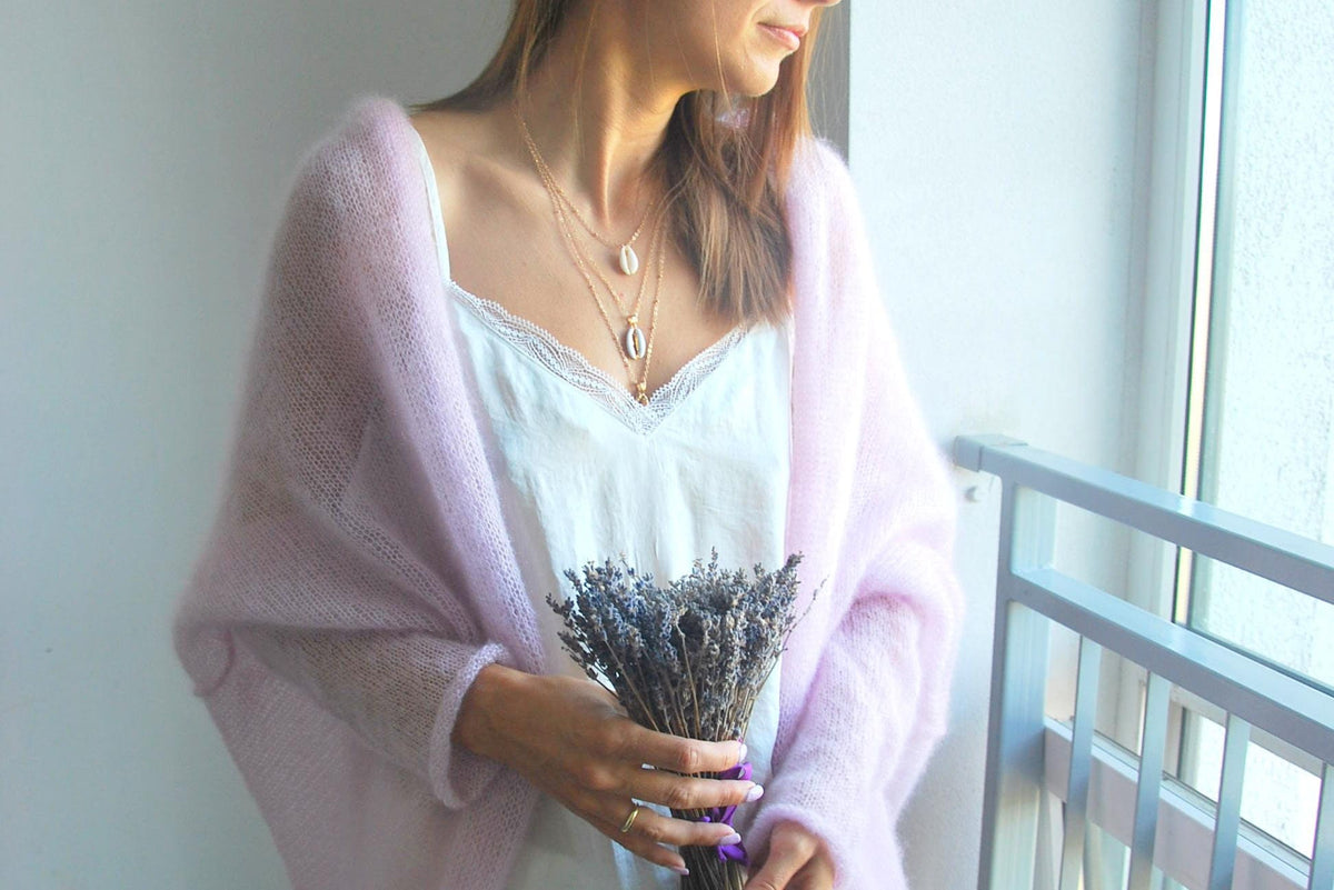 Hand Knit Mohair Silk Cardigan: Light Pink Oversize Bridal Jacket