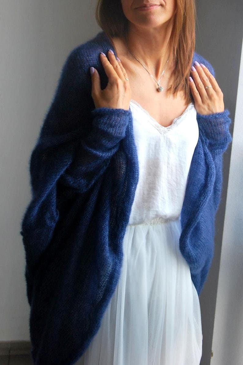 Navy Blue Mohair Silk Cardigan: Soft Bridal Wedding Cape