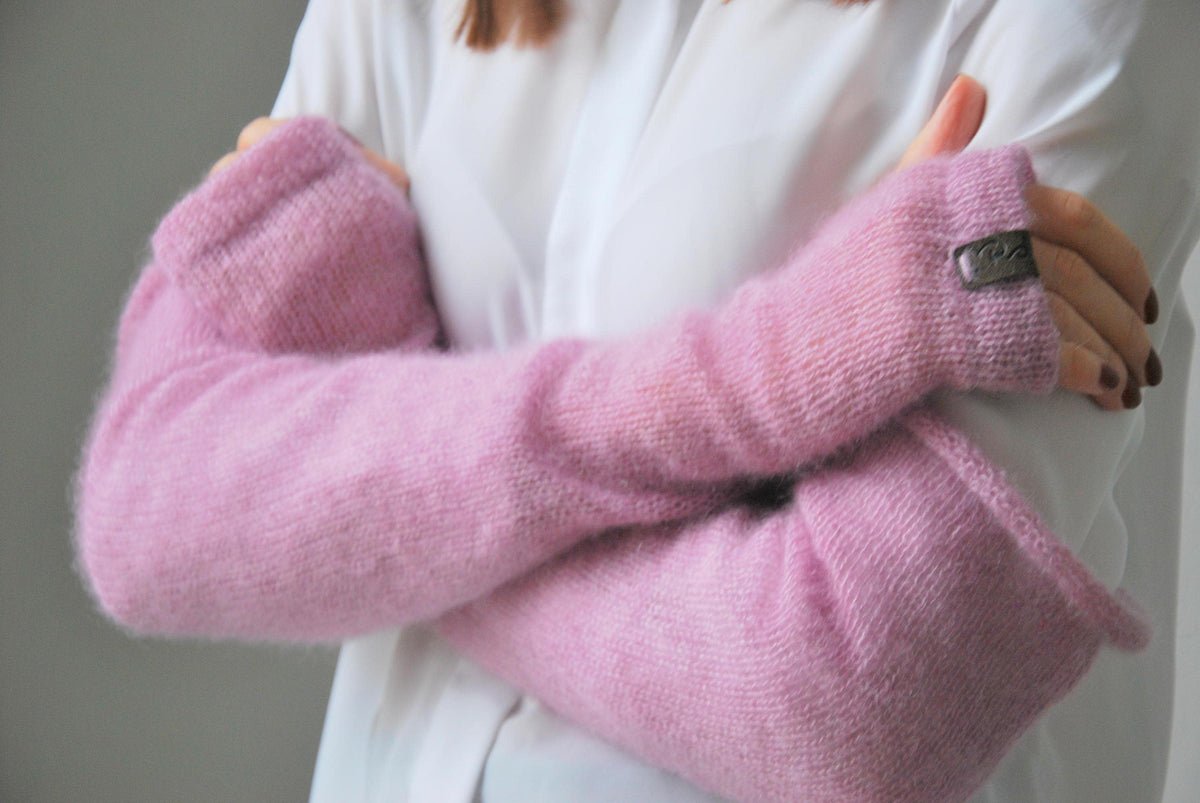 Handmade Mohair Silk Fingerless Gloves: Old Pink Knit Arm Warmers
