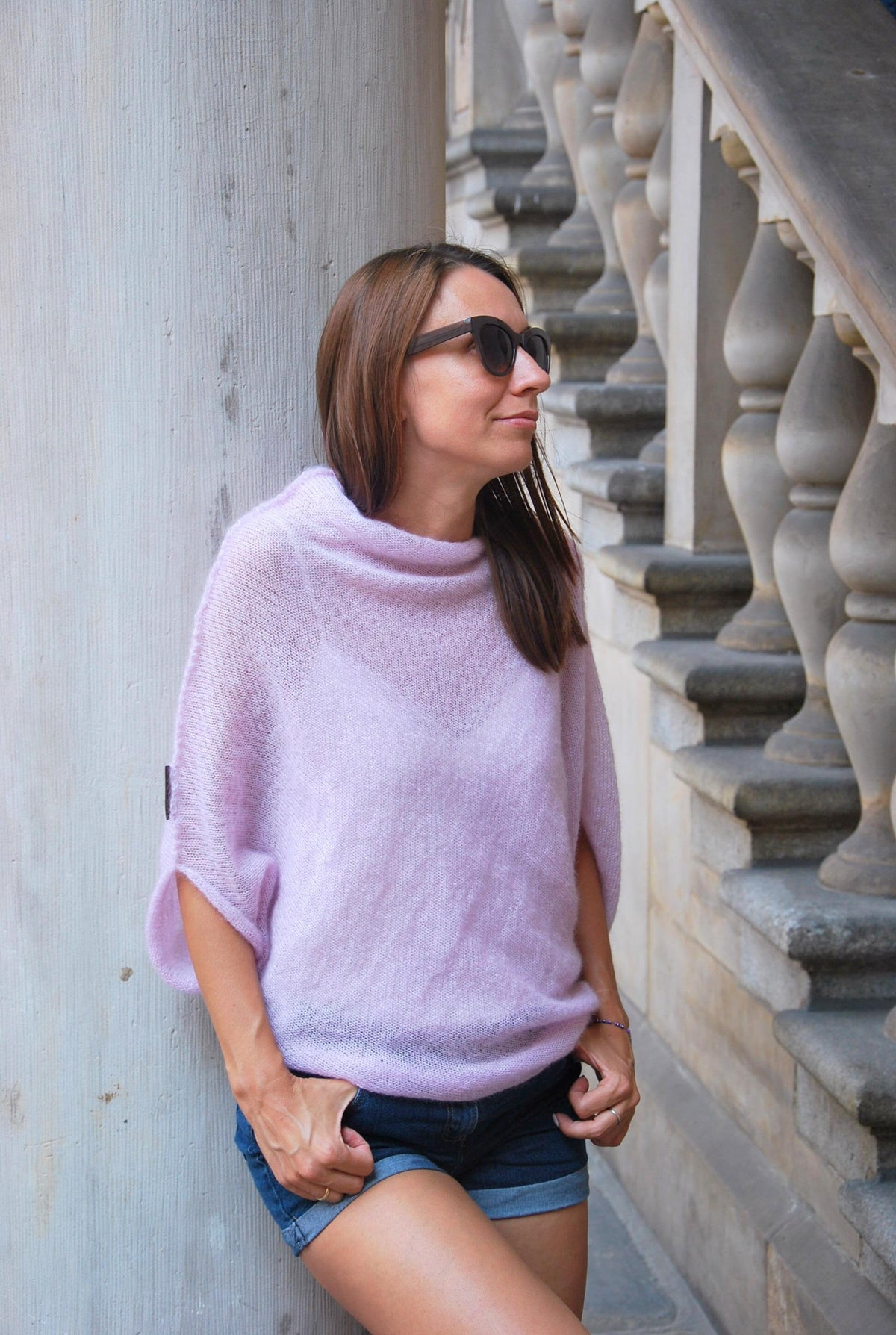 Hand Knit Mohair Silk Sweater: Light Pink Oversized Pullover