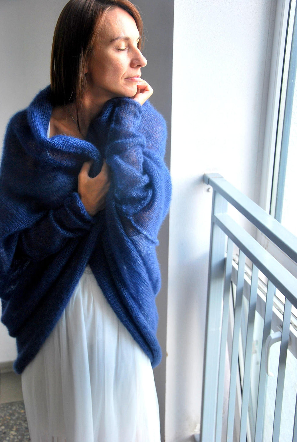 Navy Blue Mohair Silk Cardigan: Soft Bridal Wedding Cape