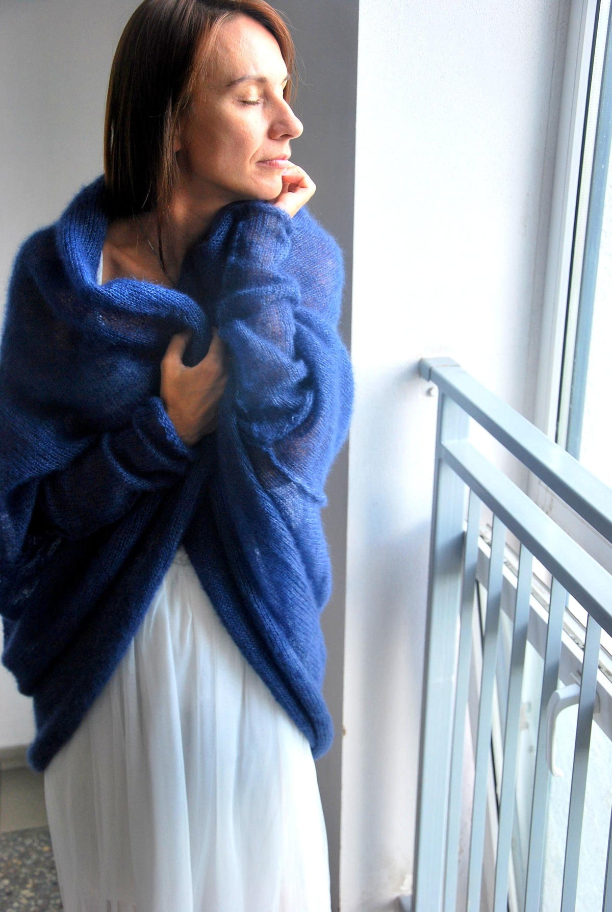 Navy Blue Mohair Silk Cardigan: Soft Bridal Wedding Cape