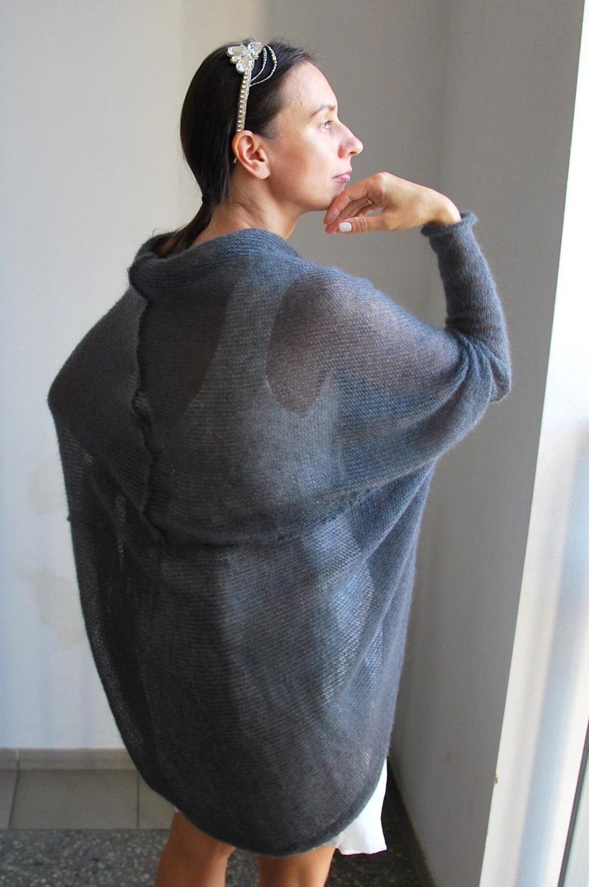 Ash Gray Mohair Silk Cardigan: Soft Bridal Sweater
