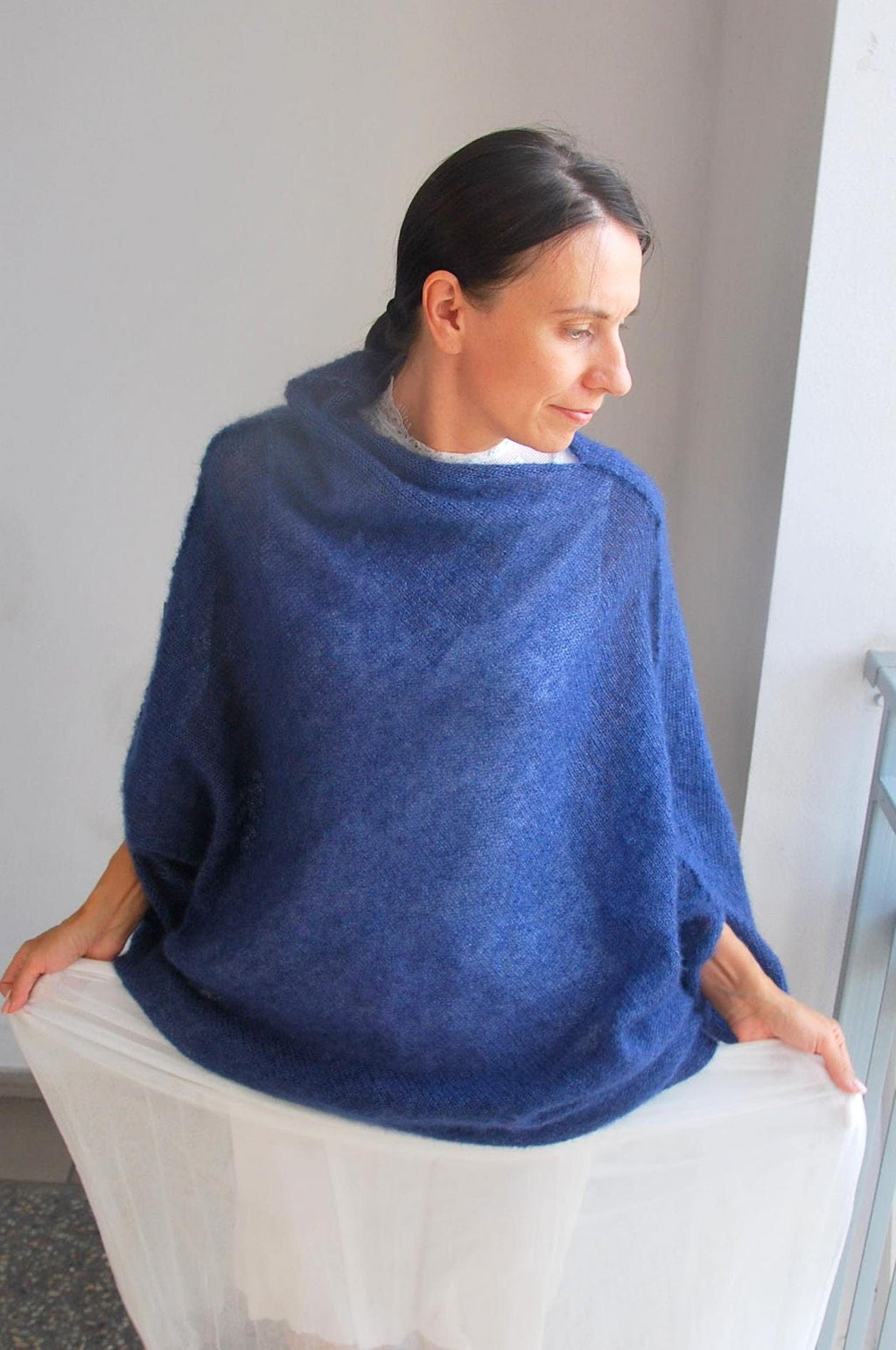 Navy Blue Mohair Silk Poncho: Bridal Cocoon Pullover