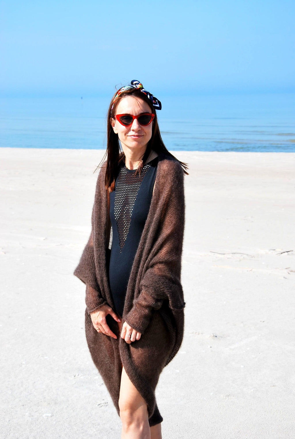 Hand Knit Mohair Cardigan: Brown Lightweight Beach Wrap