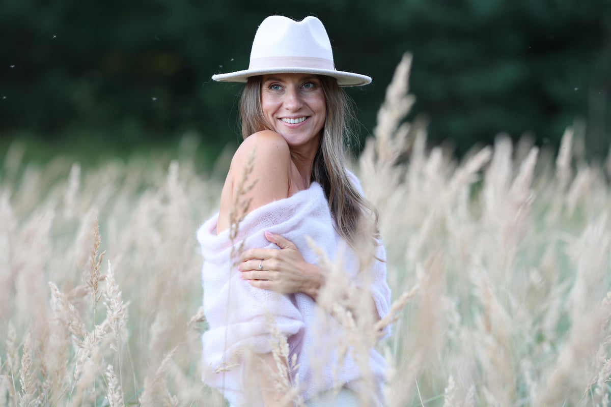 Handmade Mohair Silk Sweater: Pink Knit Poncho Pullover
