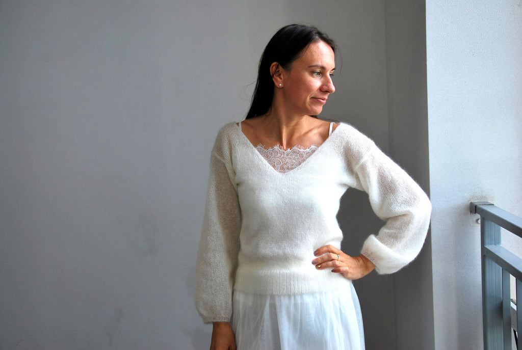 Off White Mohair Silk Sweater: Bridal Pullover Jacket