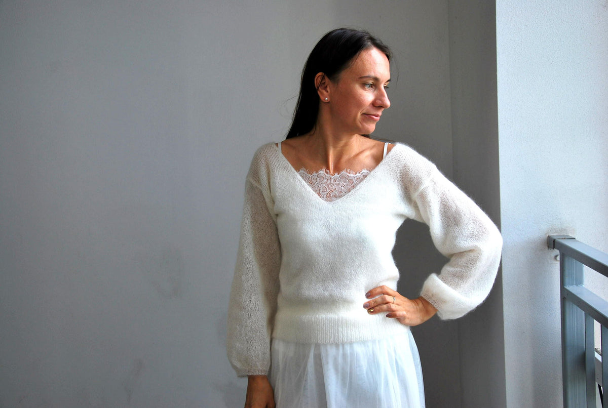 Off White Mohair Silk Sweater: Bridal Pullover Jacket